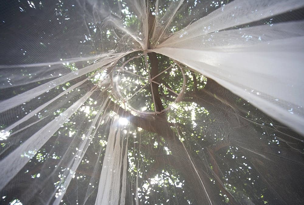 Close-up photo of a malaria bednet outdoors
